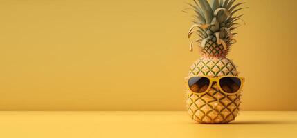Pineapple with sunglasses on yellow background, Summer vacation concept. photo