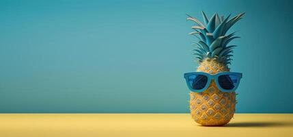 Pineapple with sunglasses on blue background, Summer vacation concept. photo