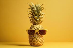 Pineapple with sunglasses on yellow background, Summer vacation concept. photo