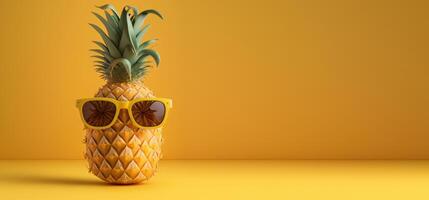 Pineapple with sunglasses on yellow background, Summer vacation concept. photo