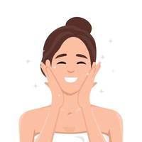 Happy Satisfied Woman showing perfect facial skin. Girl with smooth clean skin after using beauty product. Cosmetic, skincare, treatment, routine, Self care concept vector