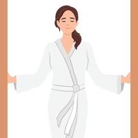 Woman in white coat comes out of shower with satisfied expression feels relieved and gratification. Girl in bathrobe while visiting SPA center looks forward to pleasant procedures vector