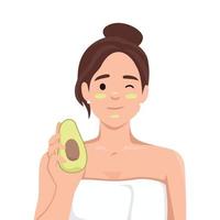 Woman in white towel after getting out of shower or bath recommends using avocado for cosmetic masks. Girl after completion of spa procedures demonstrates fruit that affects beauty vector