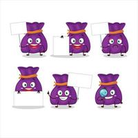 Purple candy sack cartoon character bring information board vector