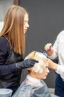 Two hairdressers dyeing hair of woman photo
