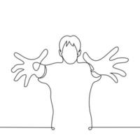 man stands with his hands outstretched to the viewer - one line drawing vector. the concept hunting, catching, desired, attack vector