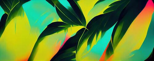 Green tropical leaves on neon background. photo