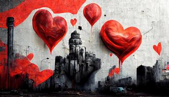 Mural with red hearts, graffiti style. photo