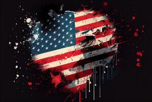 grunge Arte con americano bandera en negro antecedentes. independencia día. ai generado foto