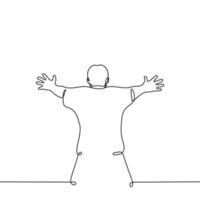 man stands with his back to the viewer, crouching a little, putting his hands forward in front of him, trying to stop something or someone - one line drawing vector. stop the concept vector