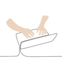 human hands typing on laptop keyboard - one line drawing vector. concept work from home, copywriter, editor or writer vector