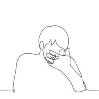 man laughing covering his mouth with his hand - one line drawing vector. concept inappropriate laughter, giggling vector