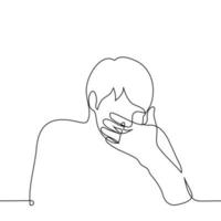 man laughing covering his mouth with his hand - one line drawing vector. concept inappropriate laughter, giggling vector