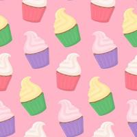 Seamless pattern of sweet multi-colored delicious cupcakes with cream on a light pink background. Vector illustration of a dessert in a flat style.