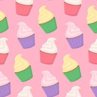 Seamless pattern of sweet multi-colored delicious cupcakes with cream on a light pink background. Vector illustration of a dessert in a flat style.