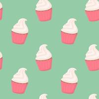 Seamless pattern of sweet delicious cupcakes with cream on a light green background. Vector illustration of dessert in a flat style.
