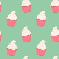 Seamless pattern of sweet delicious cupcakes with cream on a light green background. Vector illustration of dessert in a flat style.