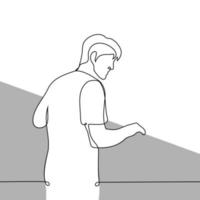 man stands on a balcony or near a high railing and looks down - one line drawing vector. concept view from the balcony, spy on the neighbors vector