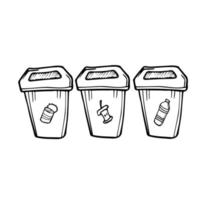 Recycling materials icons. Trash cans for waste sorting. Vector illustration, line design. List of materials metal, organic, plastic. Zero waste