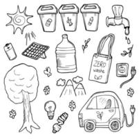 garabatear ecología colocar. mano dibujado diseño vector ilustración, ecología problema y verde energía íconos en garabatear estilo, para gráfico y web diseño. tierra día concepto