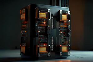 Hi-tech data storage server rack, cloud computing design. AI generated photo