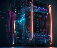 Hi-tech data storage server rack, neon computing design. photo