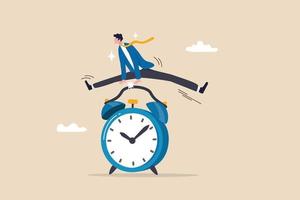 Punctual being on time or time management, work deadline or procrastination, self discipline, work efficiency or reminder, urgency or quick work concept, confidence businessman jump over alarm clock. vector