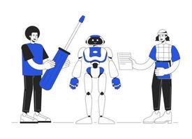 Building humanoid robot duo color line concept vector spot illustration. Editable 2D flat duotone cartoon characters on white for web design. Robotics engineers creative idea for website, social media