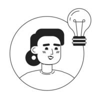 Smiling lady with light bulb black and white concept vector spot illustration. Editable 2D flat monochrome cartoon character for web design. Creative line art idea for website, mobile, blog