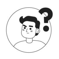 Man asking question black and white concept vector spot illustration. Editable 2D flat monochrome cartoon character for web design. Round badge. Creative line art idea for website, mobile, blog