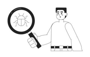 Bug tester with magnifying glass black and white concept vector spot illustration. Editable 2D flat monochrome cartoon character for web design. Creative line art idea for website, mobile, blog