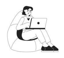 Comfortably working from home monochromatic flat vector character. Linear hand drawn sketch. Editable full body person. Simple black and white spot illustration for web graphic design and animation