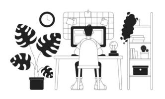 Cozy home office setup with freelancer 2D vector monochrome isolated spot illustration. Flat black and white character on cartoon background. Thin line editable scene for mobile, website, magazine