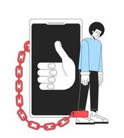 Being chained to smartphone line concept vector spot illustration. Editable 2D flat colour cartoon character on white for web design. Phone addiction creative lineart idea for website, mobile, blog