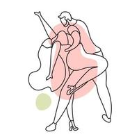 A beautiful couple are moving. Lovers dance bachata, salsa. Gentle line art with spots. Minimalism vector