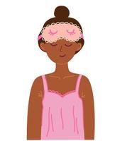 Beautiful women with sleeping mask. Dark-skinned girl is getting ready for bed in pajamas and a sleep mask.  Good morning. Night accessory to sleep, travel and recreation. Vector illustration