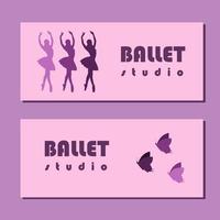Theatre ticket design. Ballet school flyer template. Ballerina silhouette in the tutu and pointe shoe with butterfly. Pink and purple card design. Vector illustration