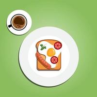 Sandwich top view. Toast with toasted egg, and tomato for a healthy breakfast isolated in blue background. Fast food elements, paper cut out vector illustration