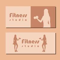 Fitness studio school flyer with silhouette of women in sportswear standing and doing a workout with dumbbells on brown background. Vector illustration