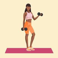 Faceless fitness African American woman in sportswear standing on a fitness mat and doing a workout with the dumbbells. Workout and sports training concept. Vector illustration