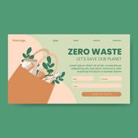 Eco bag with eco products, and leaves with text Zero Waste on a landing page, vector illustration