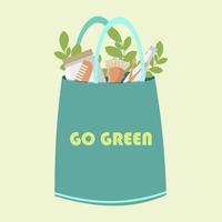 Eco green bag with text vector Illustration. Reusable shopping bag with lettering Go Green. Ecology shopping. Handbag with typography