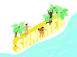 Isometric vector illustration of tiny people of different ethnicity jumping to the sea from big word Summer. Isometric lettering.