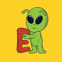 Cute Alien with E Letter Cartoon Sticker vector illustration
