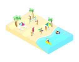 Isometric beach scene with different people doing summer sports and relaxing. Playing racket ball, surfing, swimming in rubber ring, reading in the sunbed. vector