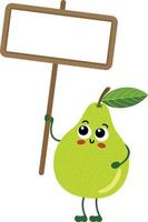 Funny green pear mascot holding a blank signboard vector