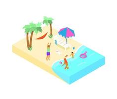 Isometric beach scene with family resting on the coast. Couple playing beach volley, child playing in the water. Family summer vacation. vector