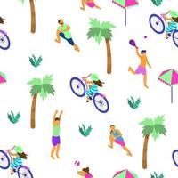 Vector seamless pattern with tiny isometric people doing summer sports. Summer activities .
