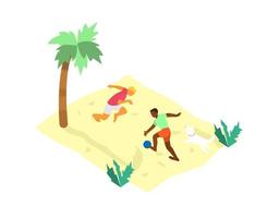 isométrica ilustración de dos hombres jugando playa fútbol americano en el playa con palma y pequeño perro. isométrica gente. verano actividades. vector