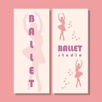 Theatre ticket design. Ballet school flyer template. Ballerina silhouette in the tutu and pointe shoe with butterfly. Brown and purple card design. Vector illustration